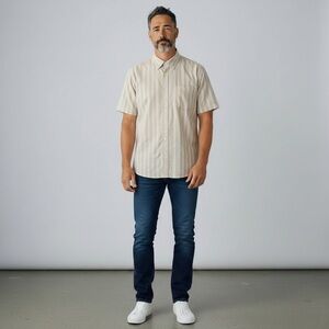 American Eagle Outfitters Beige Short Sleeved  Striped Button Down Shirt  Men L